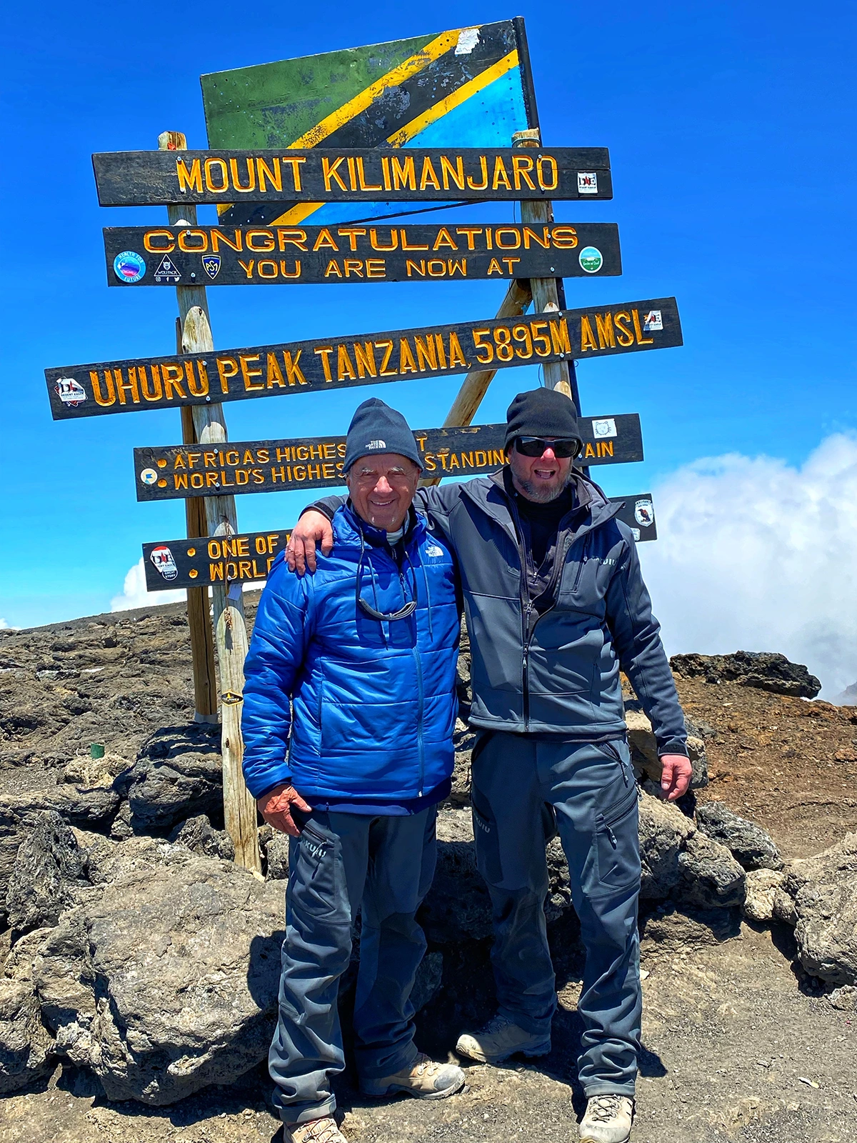 Dave Evans and Colin Evans on the summit of Mount Kilimanjaro.